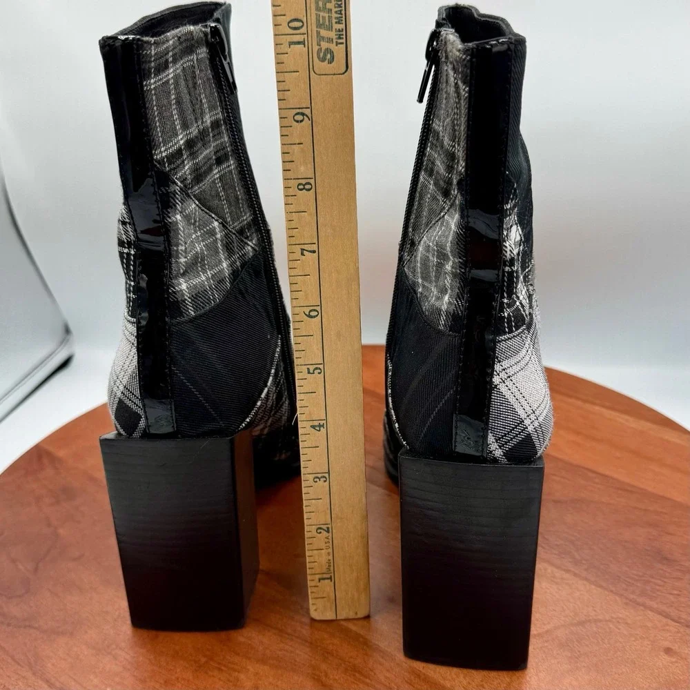 Jeffrey Campbell Siren Plaid Patchwork Ankle Boots Pointed Toe Black‎ Gray W 9